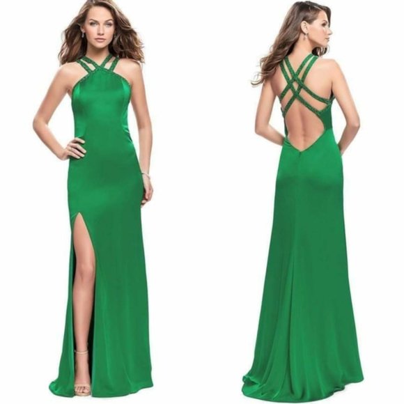 NWT LA FEMME High Halter Beaded Sheath Satin Gown Shiny Glossy Sexy Slit Strappy - Picture 7 of 13